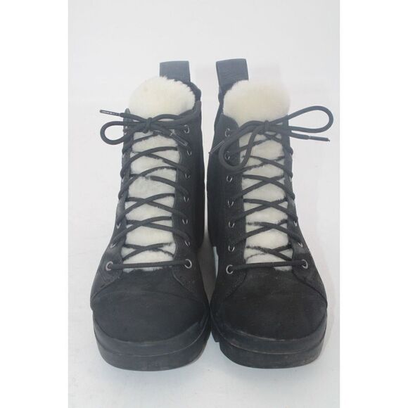 Eileen Fisher Calm Hiker Shearling Trim Bootie Black Suede Wedge Size 8 - Picture 4 of 11